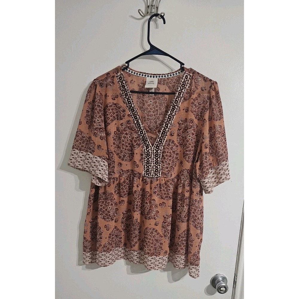 Knox Rose Sheer Top‎ Womens XL Paisley Embroidered Trim Short Sleeves Peasant
